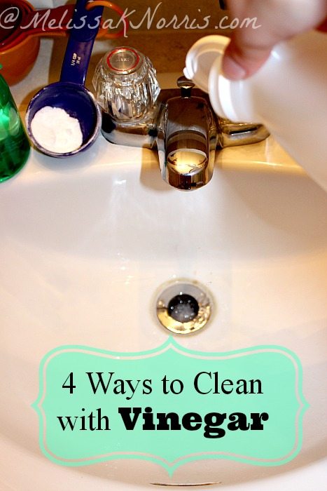 4 Ways to Clean with Vinegar www.MelissaKNorris.com Frugal and recipes for homemade cleaners from the kitchen, to laundry, bathroom, and carpets!