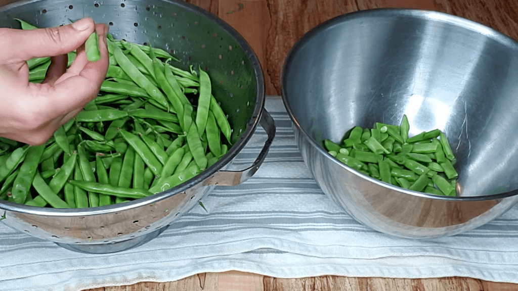fresh green beans being snapped in bowl on counter for pressure canning