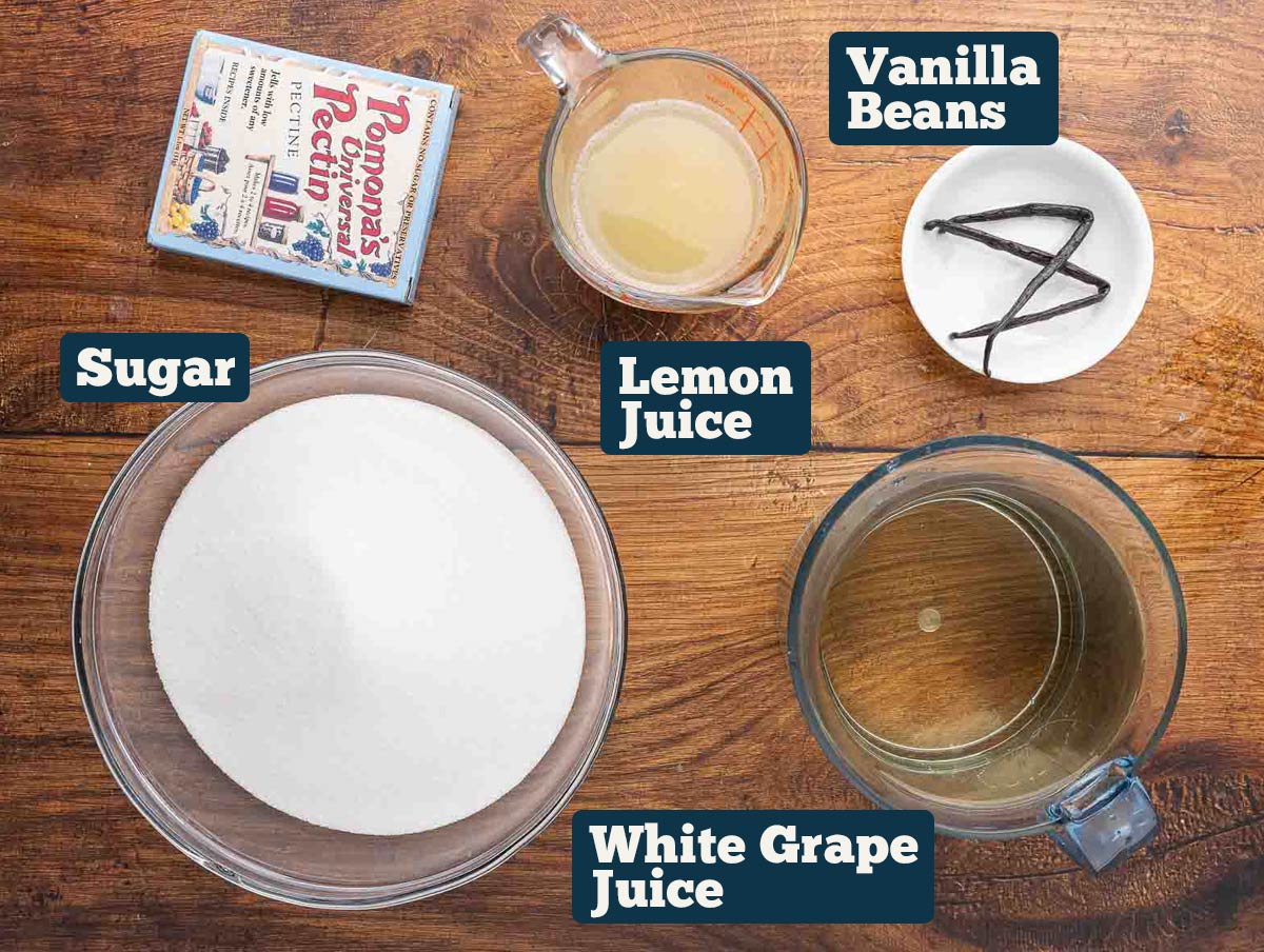 Grape jelly ingredients: Pomona's pectin, lemon juice, vanilla beans, white grape juice, and sugar.