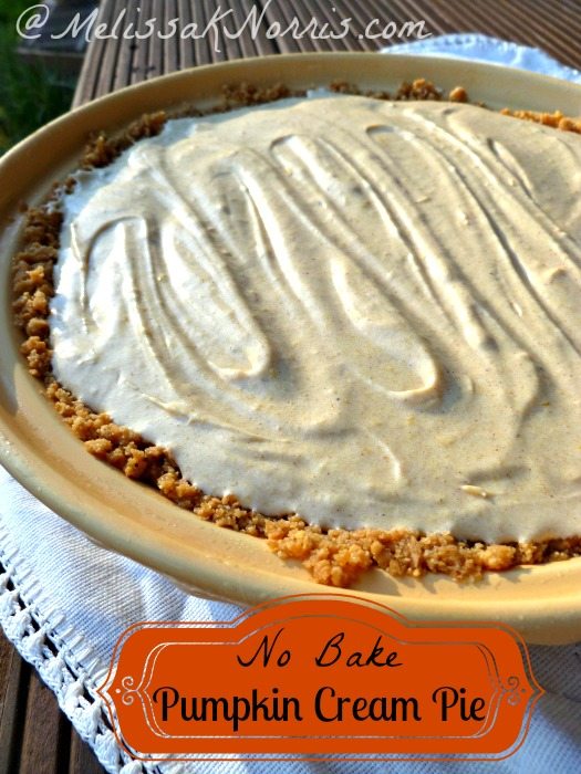 Image of a pumpkin cream pie with text overlay, "No Bake Pumpkin Cream Pie".