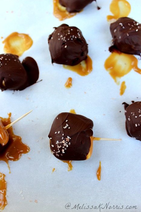 Chocolate Caramel Covered marshmallows with sea salt. These are amazing and they're gluten free and no-GMO's. Super easy to make! Recipe at https://melissaknorris.com/2014/02/04/homemade-chocolate-caramel-covered-marshmallows-sea-salt/ Repin!