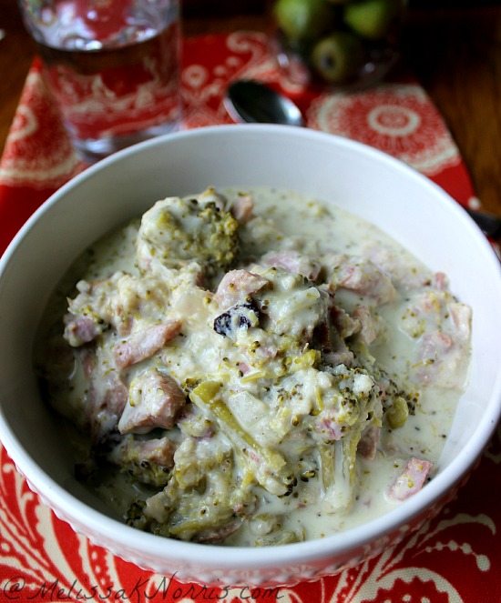 Slow cooker cream of broccoli and ham soup. Gluten free and less than $1 per serving! Goes together in less than 10 minutes and it's a long standing family favorite at our house.