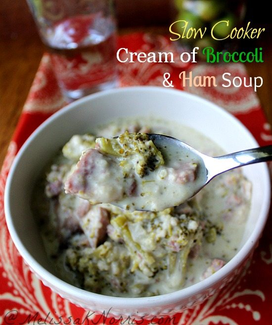 Slow cooker cream of broccoli and ham soup. Gluten free and less than $1.00 per serving. Easy with only 10 minutes of prep time and only real food ingredients. Repin!