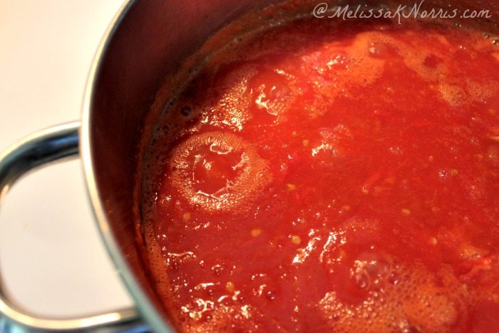 A stockpot filled with boiling tomato sauce.
