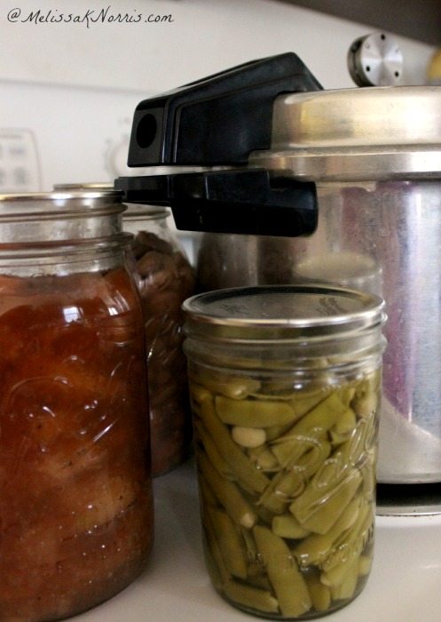 A pressure canner with two jars of pressure canned food next to it.