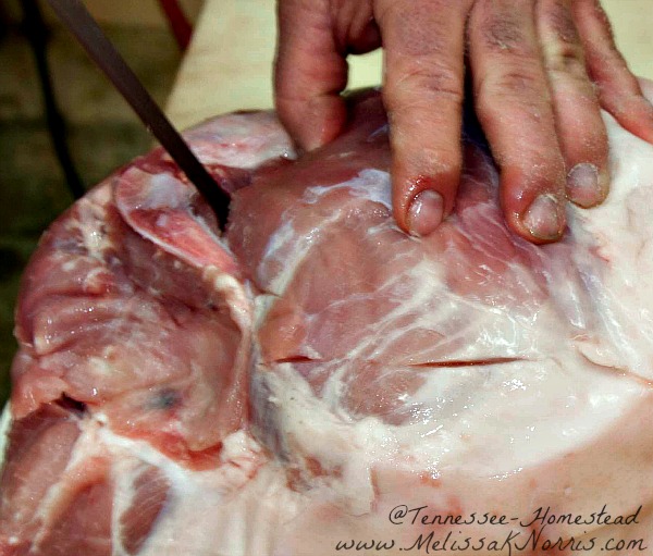 A man cutting into the joint of a fresh ham with a knife.