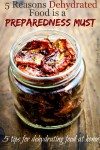 Want to be prepared with food storage that is portable and doesn't take up much space? Learn how to dehydrate food at home (awesome free guide that covers dehydrating everything, did you know you could dehydrate liquid at home?) Grab this now! Close up picture of a glass jar filled with dehydrated tomato slices sitting on a wooden table. Text overlay says,