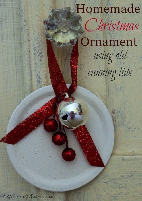 Image of a homemade Christmas ornament with text overlay, "Homemade Christmas Ornament using old canning lids".