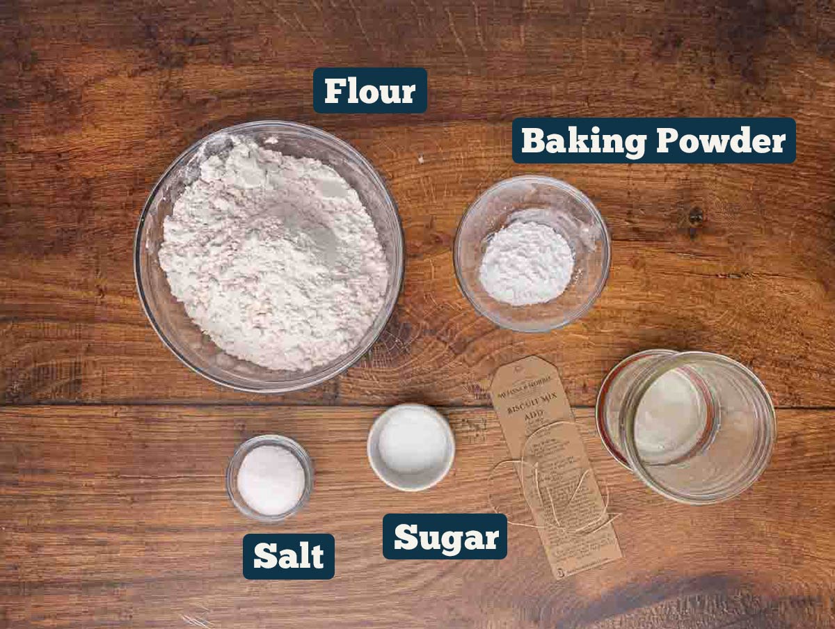 Biscuit mix ingredients: flour, baking powder, sugar, and salt.