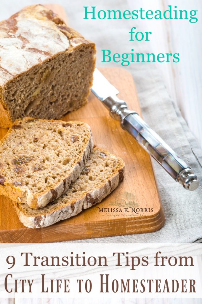 Image of a loaf of bread being sliced on a cutting board. Text overlay says, "Homesteading for Beginners: 9 Transition Tips from City Life to Homesteader".