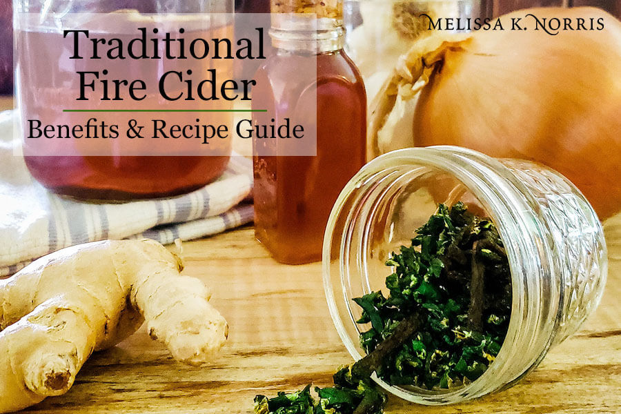traditional fire cider, apple cider vinegar, garlic, honey, ginger onion on wooden table