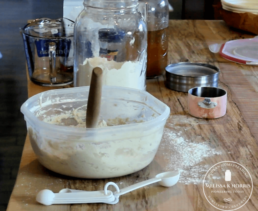 bread dough in bowl with flour and vinegar on table
