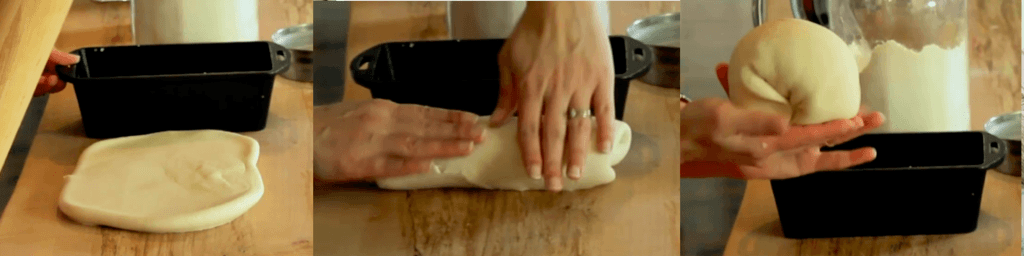 forming sourdough sandwich dough into loaf with cast iron loaf pan on counter