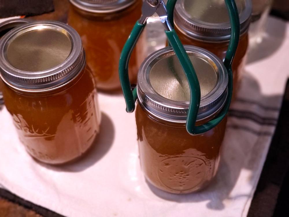 Lifting jars into pressure canner with a canning tool.