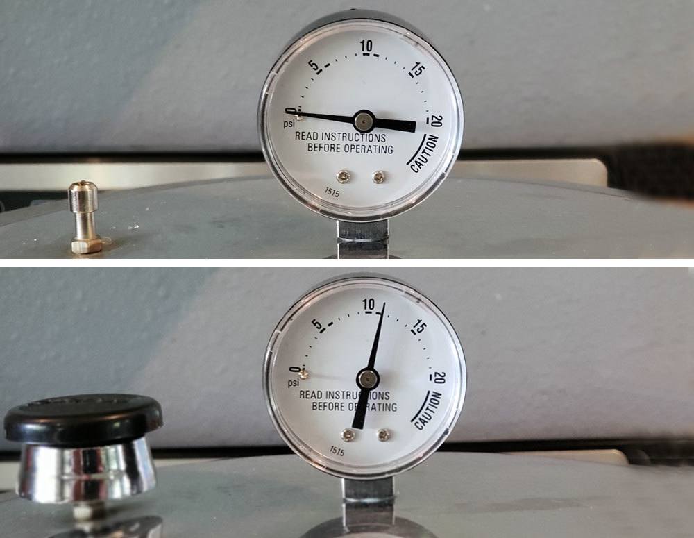 Pressure canner pressure gauge at zero, and the other photo at 11 pounds of pressure.