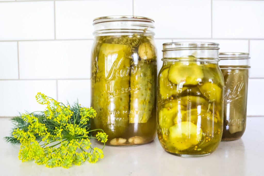 homemade crunchy dill pickles on counter top