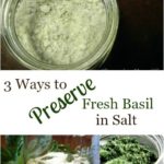 Pinterest pin with three images. Top image is of a jar of basil salt. Bottom two images show the process of preserving basil in salt. Text overlay says, "3 Ways to Preserve Fresh Basil in Salt".