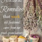 Image of a workbench and wood wall with dried herbs hanging and bags of dried flowers and herbs. Text overlay says, "6 Old Time Natural Remedies that Work: Old fashioned cures from our great grandparents."