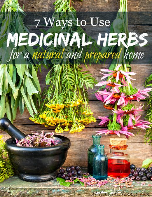 Image of a mortar and pestle with hanging flowers and herbs to dry. Text overlay says, "7 Ways to Use Medicinal Herbs for a Natural and Prepared Home."
