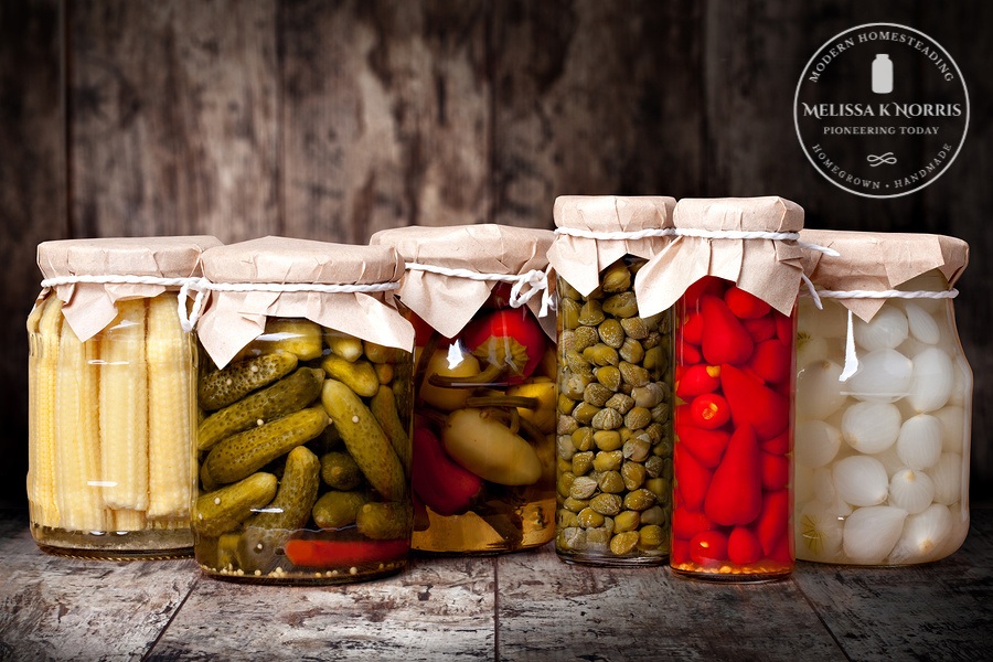 Jars of preserved food lined up on a table.