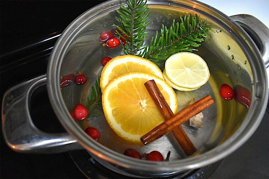 Stovetop potpourri with evergreen branches, orange and lemon slices, cranberries and cinnamon sticks.