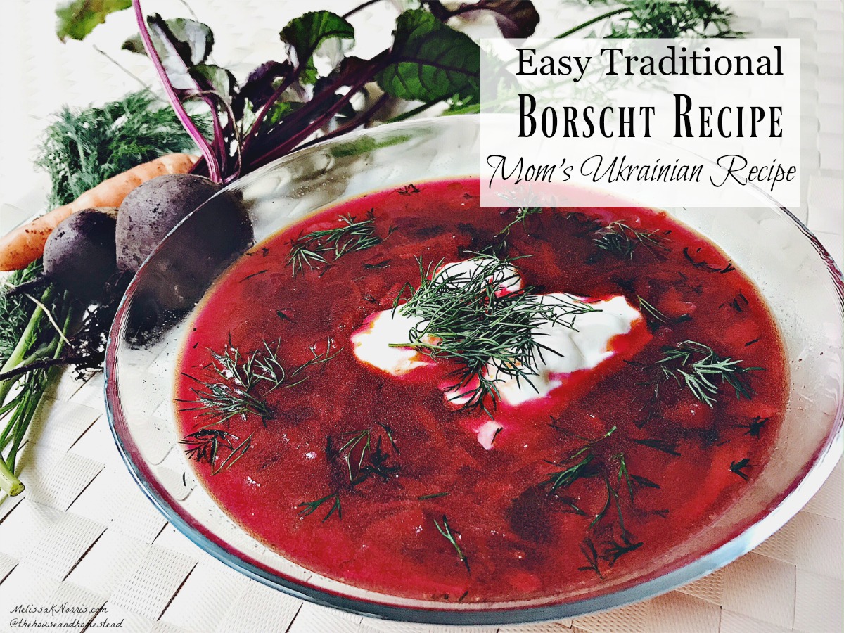 Pinterest pin with three images. Top image is of a bowl filled with fresh veggies. Bottom images are of a white stock pot filled with borscht and a clear glass bowl with a serving of borscht and a dollop of sour cream. Text overlay says, 