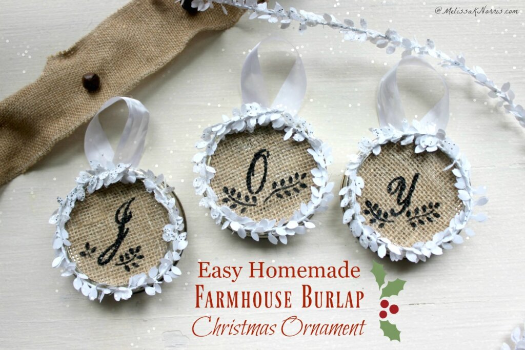 Burlap mason jar lid ornaments.