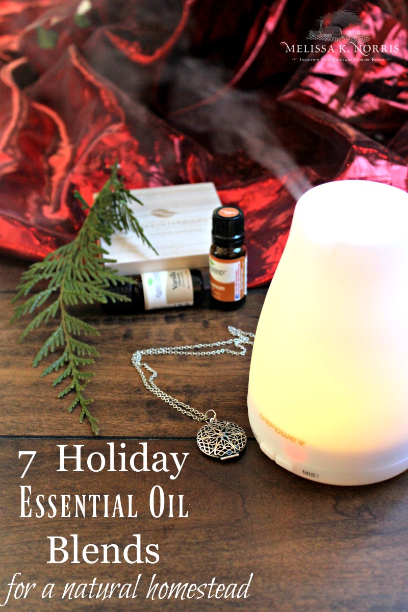 Image of an essential oil diffuser with bottles of essential oil, an essential oil diffuser necklace, a cedar bow, and red velvet draped in the background. Text overlay says, "7 Holiday Essential Oil Blends for a Natural Homestead ".