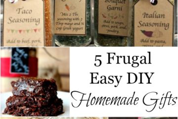 Pinterest Pin containing several images including homemade spice jars, a plate of brownies, and a Mason Jar filled with homemade bread mix. Text overlay says, "5 Frugal Easy DIY Homemade Gifts".