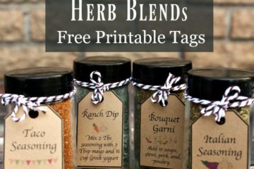 Four homemade spice blends with tags tied to the lids. Text overlay says, "Homemade Spice Mixes and Herb Blends: Free Printable Tags".