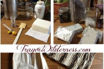 Image of bars of soap with decorative twine. Crochet and needle point projects are to the top and side.