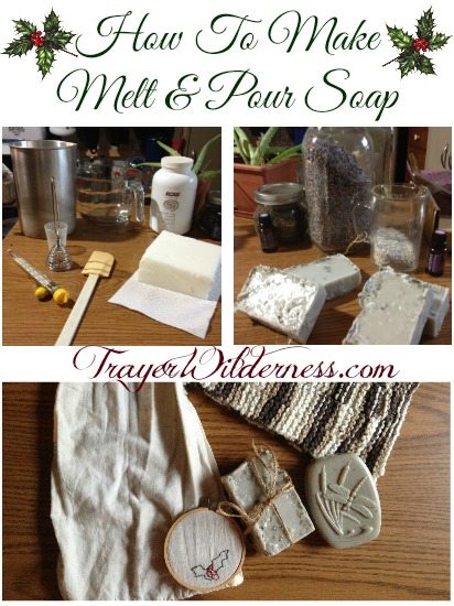 Image of bars of soap with decorative twine. Crochet and needle point projects are to the top and side.