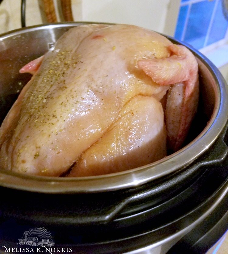 A whole raw chicken in the Instant Pot. Text overlay says, "How to Cook a Frozen Whole Chicken in the Instant Pot".