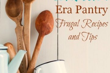 Photo of two tin coffee mugs, three wooden spoons and a tin tea pot with text overlay that says, "Building a Great Depression Era Pantry: Frugal Recipes and Tips - Pioneering Today Podcast".