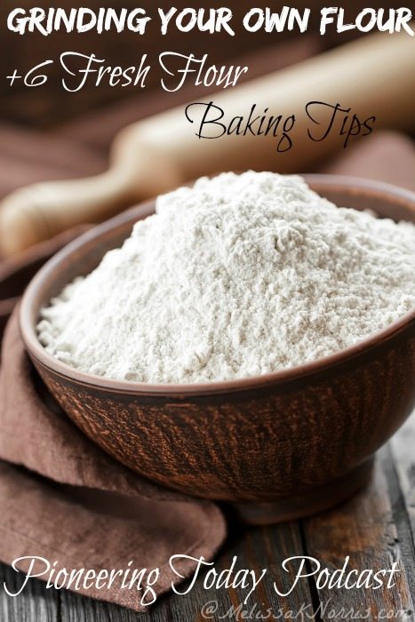 Pinterest Pin image containing a blow of fresh ground flour and a rolling pin in the background. Text overlay says "Grinding Your Own Flour plus 6 Fresh Flour Baking Tips".