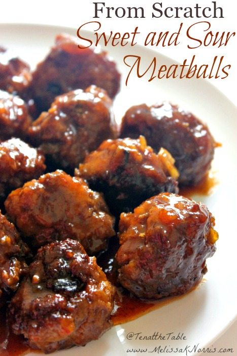 Plate of sweet and sour meatballs with text overlay that says, "From Scratch Sweet and Sour Meatballs".