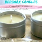 Two tins filled with homemade candles. Text overlay says, "How to Make Old-Fashioned Beeswax Candles".