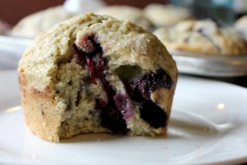 blueberry muffin with a bite out of it on a white plate.