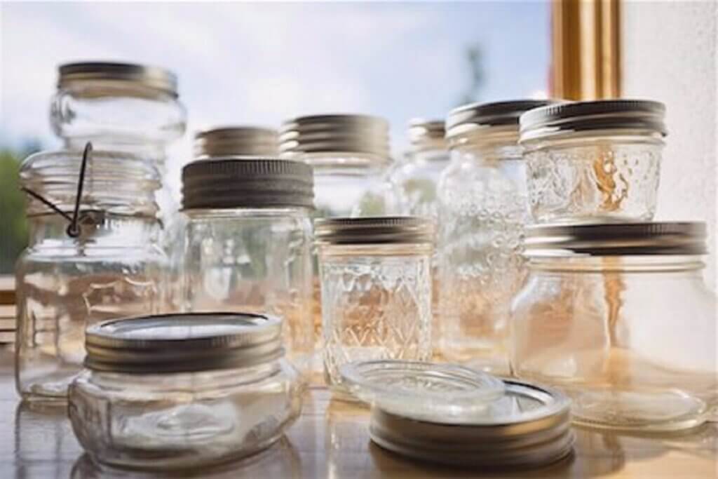 Empty jars with lids stacked on a counter.