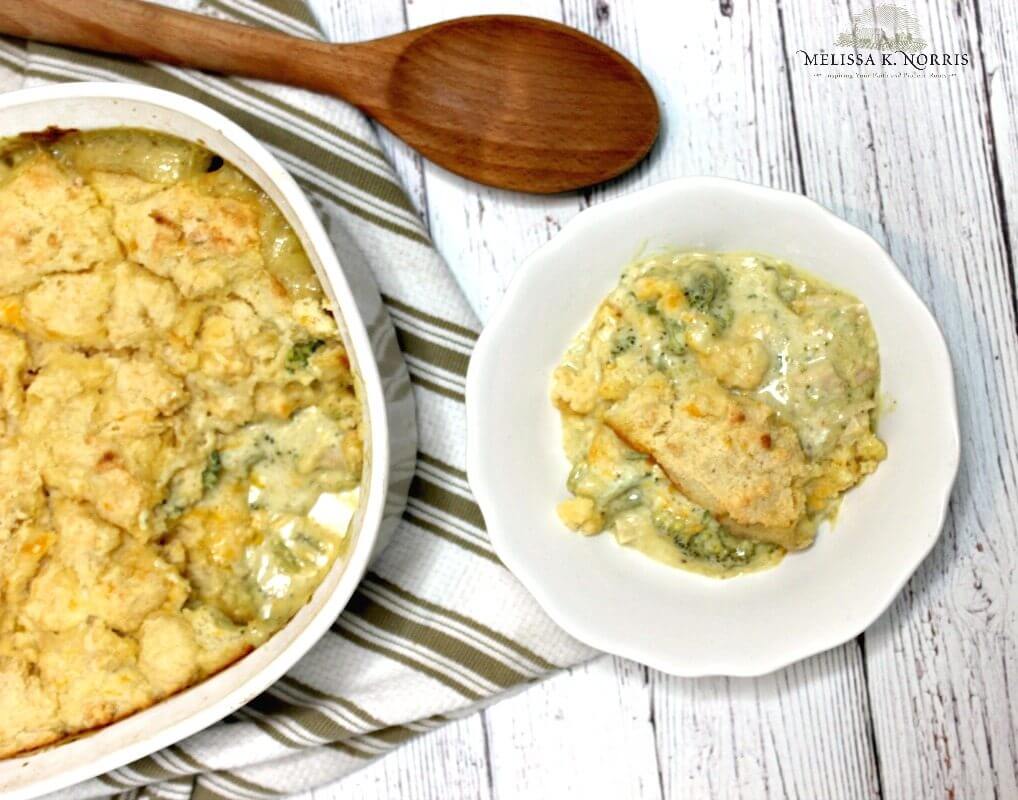 chicken casserole in a bowl and baking dish.