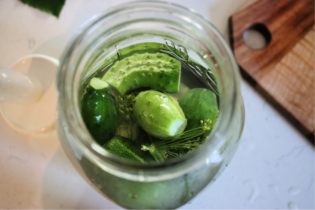 A mason jar filled with cucumbers and dill.