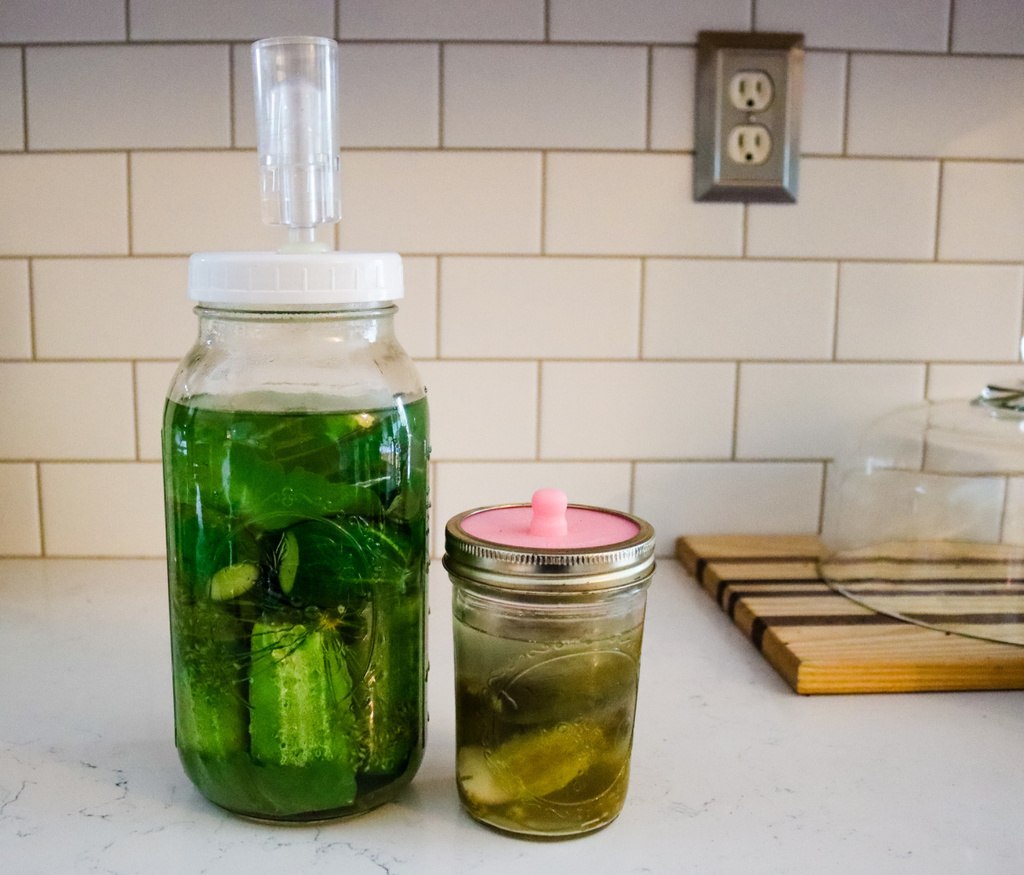 Two mason jars filled with pickles with fermentation lids on top.