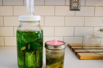 Mason jar filled with pickles sitting on a towel on a table. Text overlay says, "Old Fashioned Salt Water Brine Fermented Pickles."