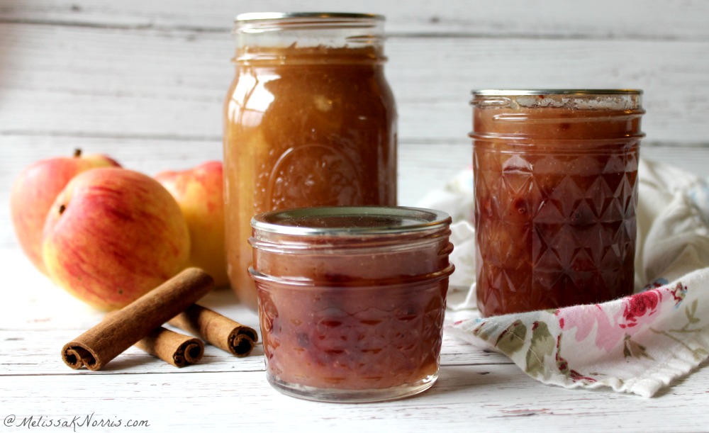 Photo of different apple preserves on a counter with a fresh apple and cinnamon sticks.