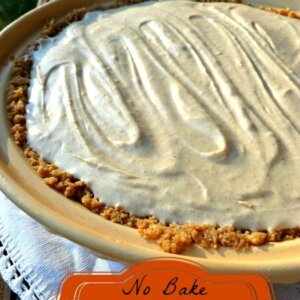 Image of a pumpkin cream pie with text overlay, "No Bake Pumpkin Cream Pie".