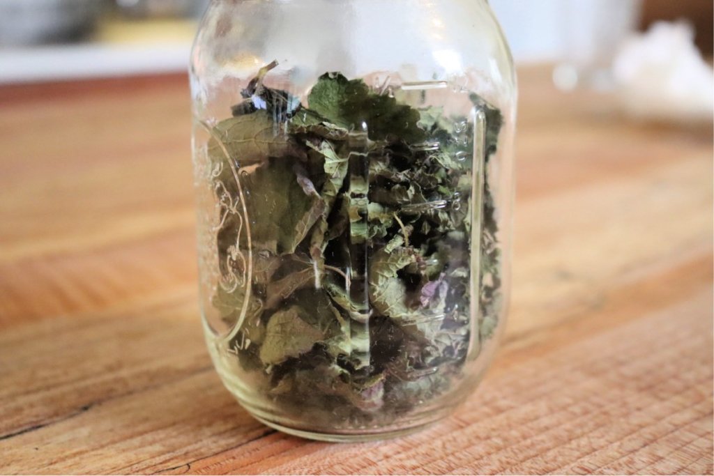 dried herbs in Mason jar on counter