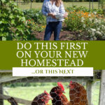 Pinterest pin with two images. One of a woman in her garden, the other of chickens in a coop.