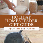 Pinterest pin with images of cast iron kitchen items for a homesteader's gift guide.