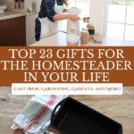 Pinterest pin with images of cast iron kitchen items for a homesteader's gift guide.