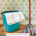 Pinterest pin on decluttering your home month by month. Image of a cleaning bucket and mop.